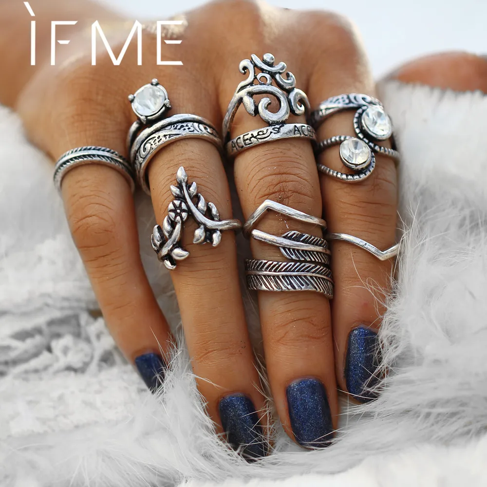 

IF ME Vintage Punk Midi Rings Set for Women Mixed Leaves Leaf Flower Crystal Knuckle Joint ring Set Party Gift anel Jewelry