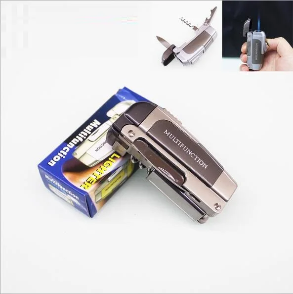 

multi-function lighter with red wine, beer, knife, cigar and cigarette lighter.