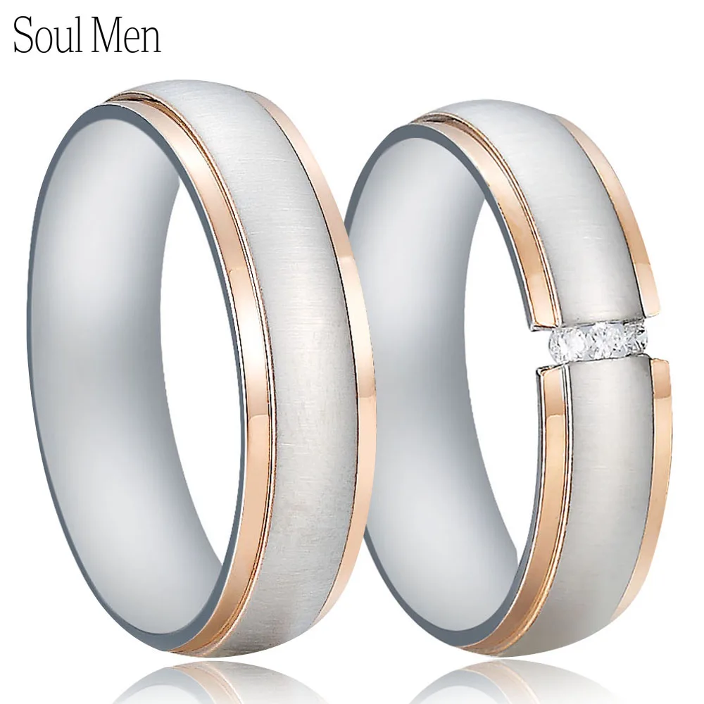 6 мм матовая поверхность обручальные кольца для мужчин и женщин CZ камни серебро& розовое золото-цвет нержавеющая сталь пара влюбленных отрезные ювелирные изделия