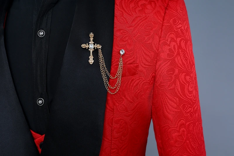 Мужские свадебные костюмы жениха из 3 предметов красного цвета (пиджак + жилет + брюки), одна пуговица, шаль с отворотом, цветочный
