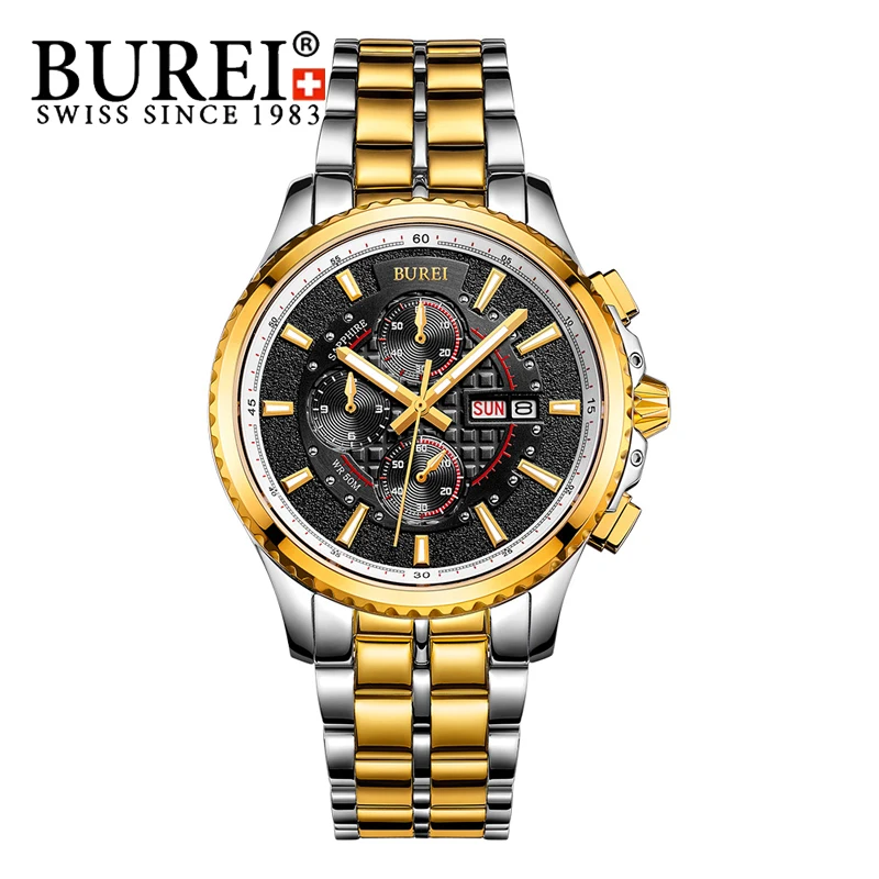 BUREI Men S Watch Stainless steel Sapphire Glass Quartz Waterproof Wristwatch Chronograph Analog Man Watches Relojes