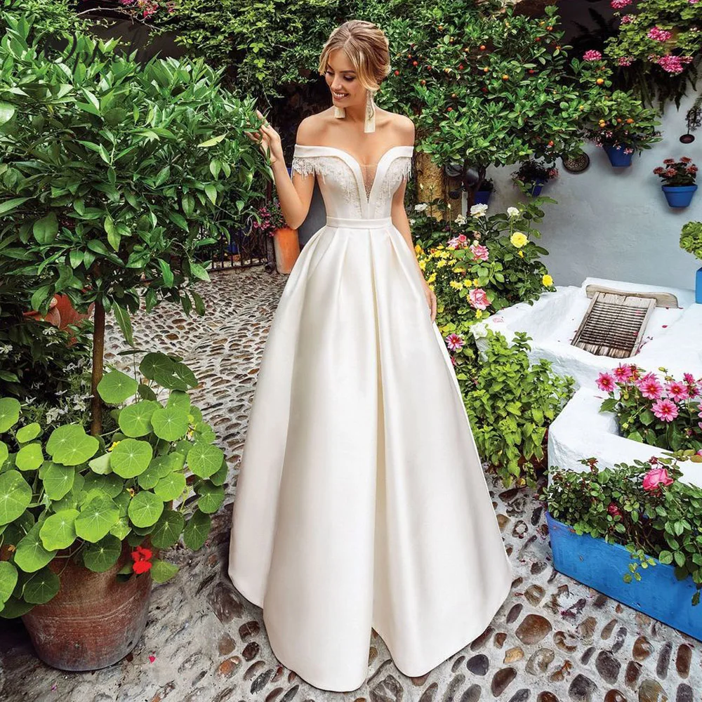 

Optcely Sexy Boat Neck A-Line Wedding Dresses 2019 Quality Simple Satin Elegant Sweep Train Luxury Princess Bride Gown Plus Size