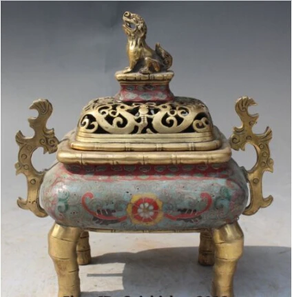 

RHS0125 9" Chinese Cloisonne Enamel Bronze Gilt Foo Fu Dog Lion incense burner Censer