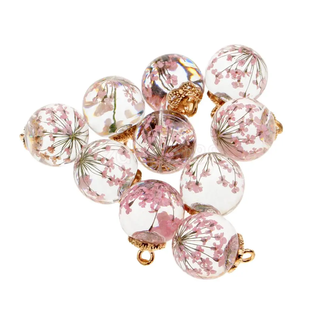 10pcs Dried Flower Glass Ball Pendant with Flower Cap DIY Earring Dangle Craft Findings Loose Beads