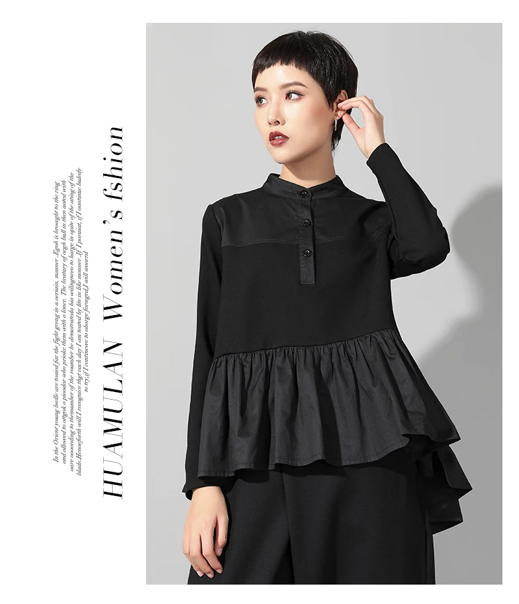 Низкая Высокая дизайнерская черная блузка в английском стиле, женский топ с баской, весна, Новая модная женская Повседневная блуза с вырезом и длинным рукавом