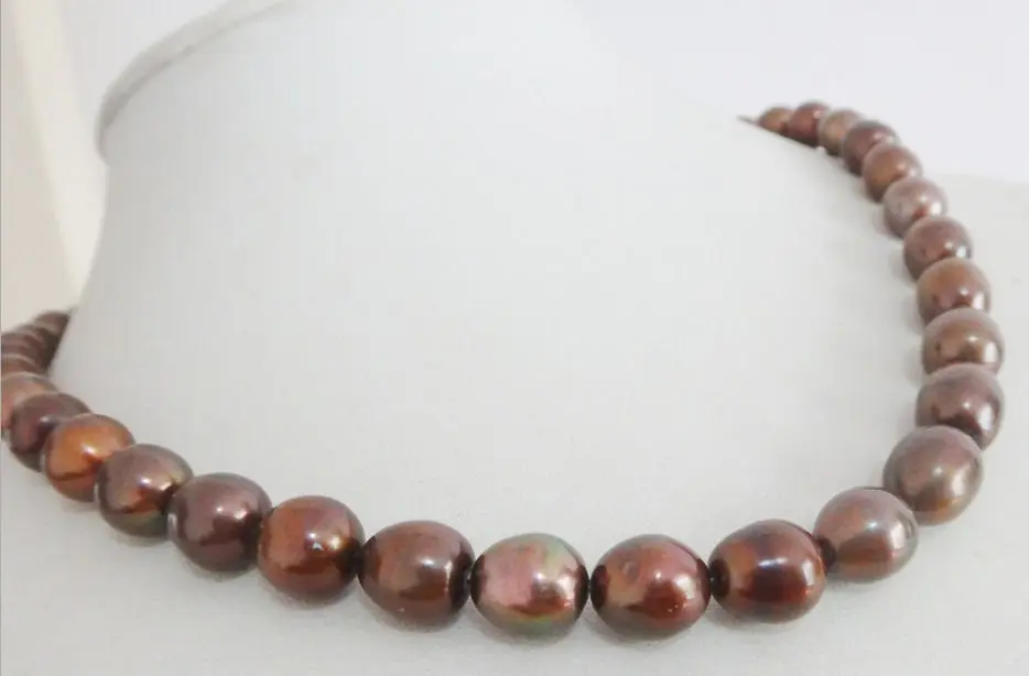 

18"8X12MM -9X12MM NATURAL SOUTH SEA GENUINE chocloate DROP PEARL NECKLACE 925silver