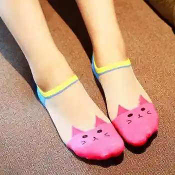 

Laamei Women Fashion Transparent Boat Socks Cute Lady Socks Cat Print Summer Invisible Sock Comfortable Femme Sock Slippers