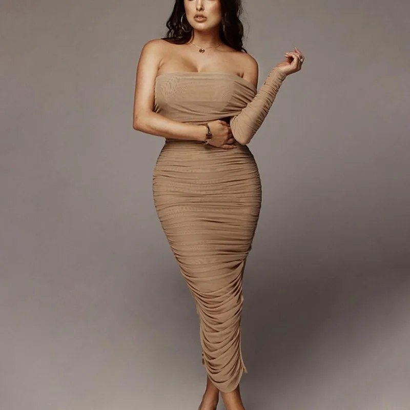

Off Shoulder Mesh Dress Ruched Women Sexy One Shoulder Long Sleeve Club Party Skinny Dress Split Bodycon Mid Dress Robe Femme