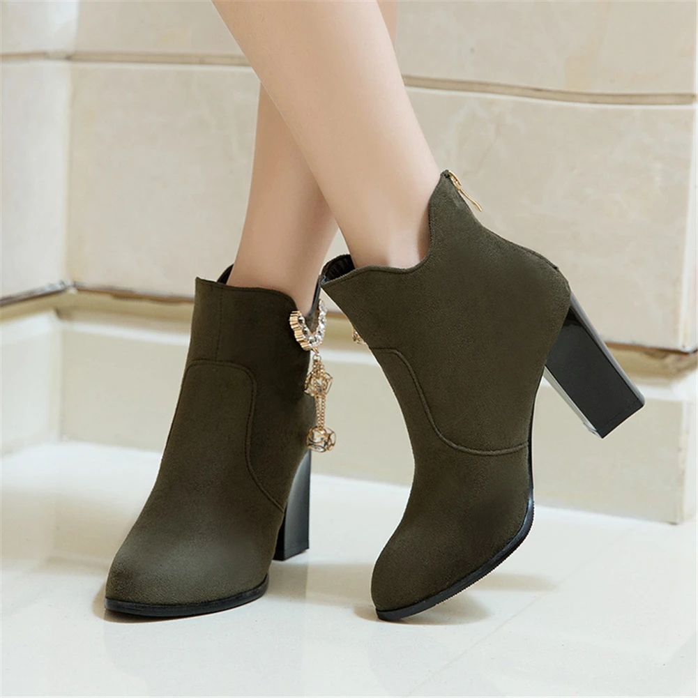 

Large Sizes 31-50 Add Fur Winter Boots Woman Shoes Square High Heels Fashion Crystals Ankle Boots Shoes Woman