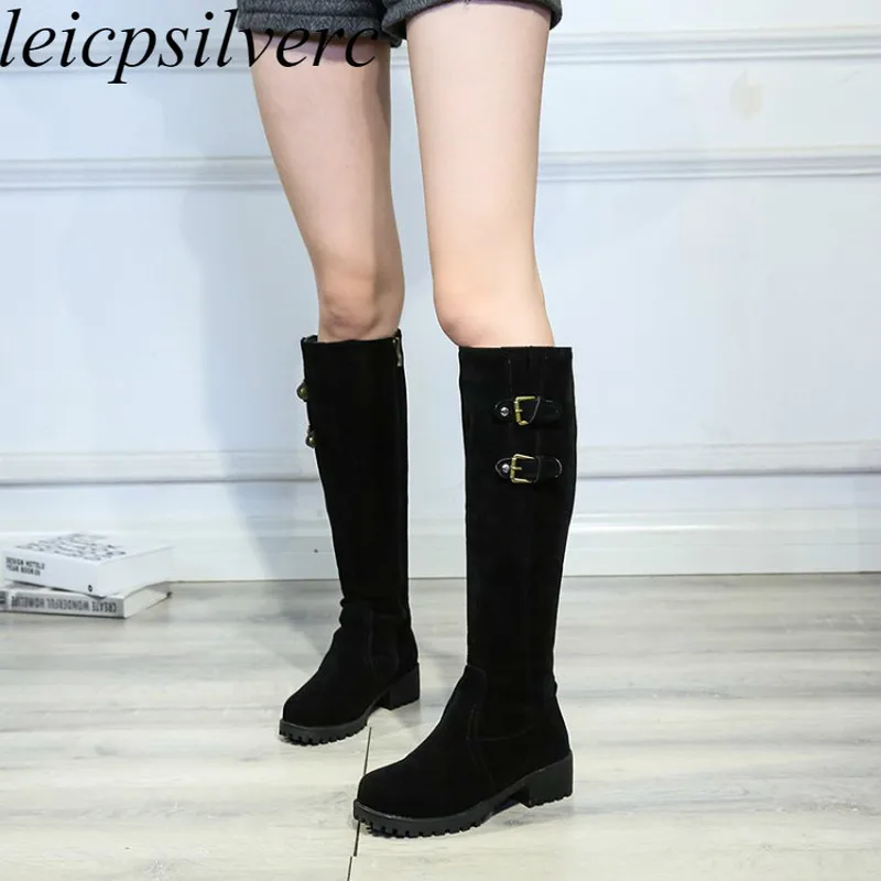 

Women Boots Autumn Winter Med Heel Warm Flock Knee High Motorcycle Shoes Round Toe Zip 2018 New Sexy Fashion Casual Yellow Beige