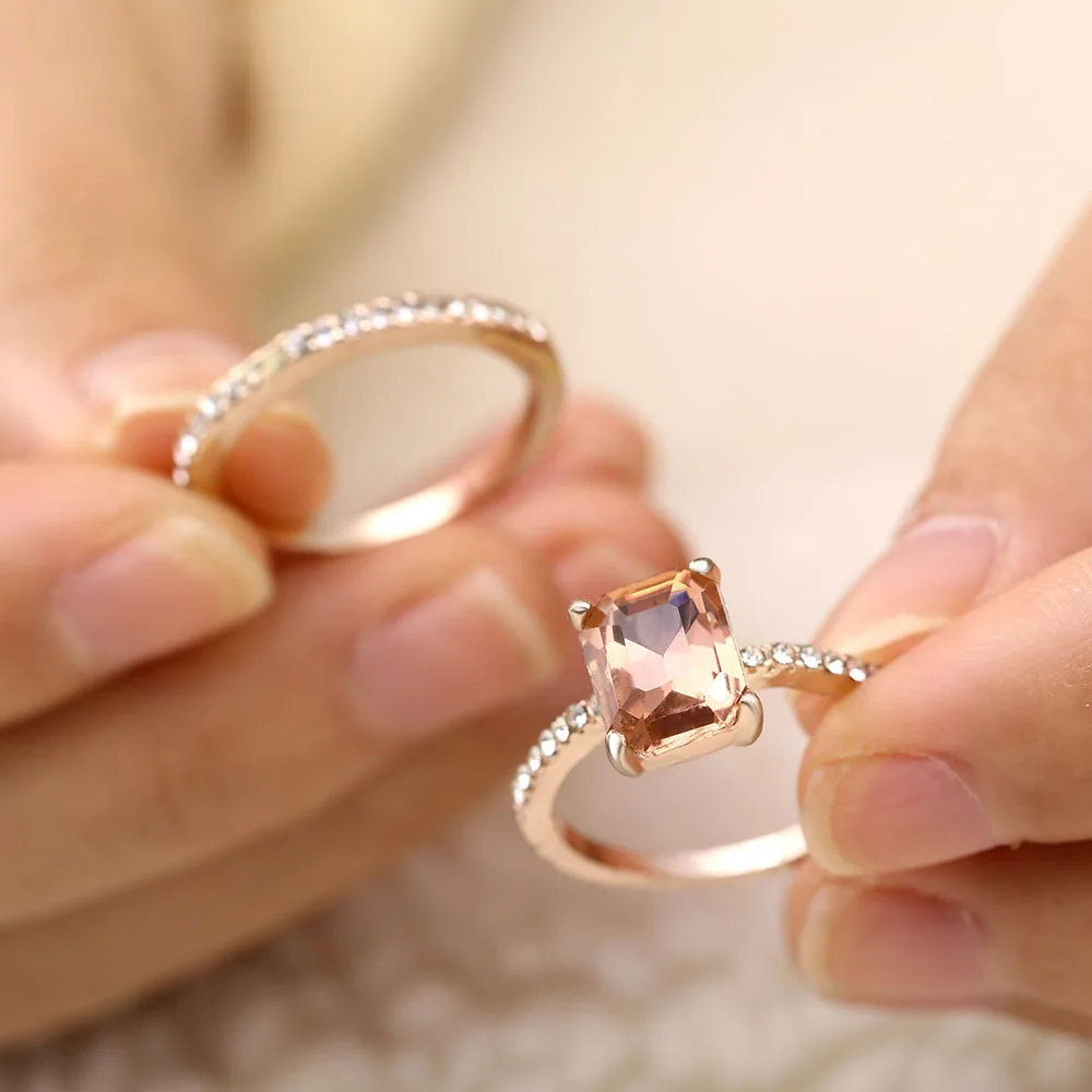 2 шт. кольцо/набор, квадратное кольцо из розового золота для женщин, модное кольцо с кристаллами и цирконием для свадьбы, помолвки, размер 6, 7, 8, 9, подарок на день Святого Валентина