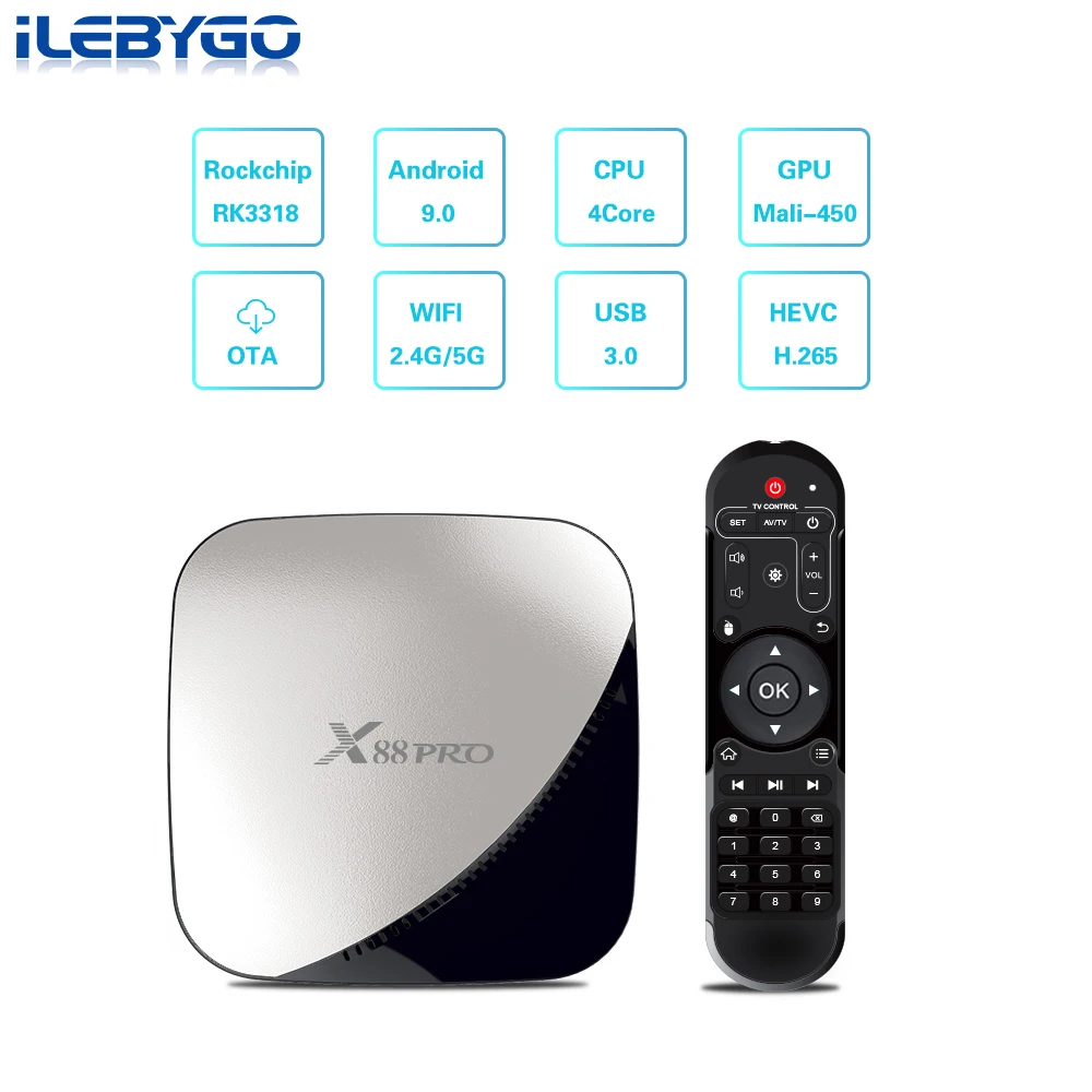 

Ilebygo X88 pro Android 9.0 TV Box 4G 64G RK3318 4 Core 2.4G&5G Wifi 4K HDR Smart Set Top Box USB 3.0 Support 3D Movie Ott Box
