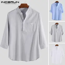 INCERUN Мужская рубашка из хлопка, однотонная, 3/4 рукав, просторное с воротником-стойкой, топы в стиле ретро, Уличная Повседневная рубашка для
