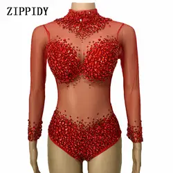Красный Большие кристаллы сетки Боди Одежда с длинным рукавом Перспектива Купальник для ночного клуба Танец Для женщин День Рождения