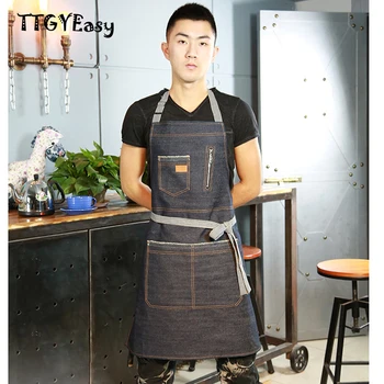 

2017 Denim Apron With pocket Cafe fashion Cowboy Uniform Unisex Aprons for Woman Men's Kitchen Chef Waiter Cooking WQ012