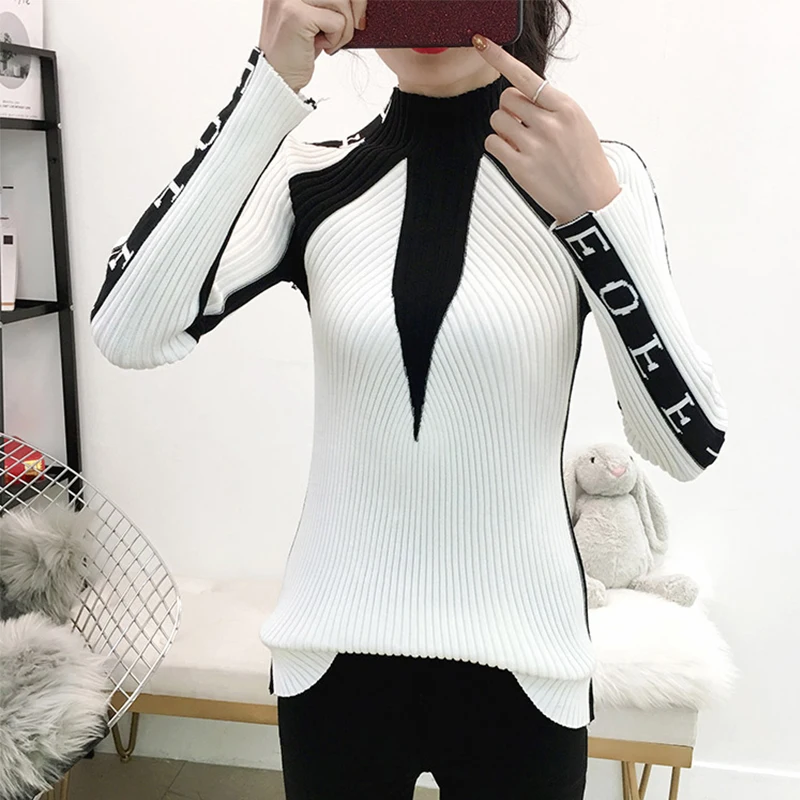 

spring turtleneck Patchwork Elastic slim women sweater long sleeve korean harajuku white black pullover pull knitwear femme 2019