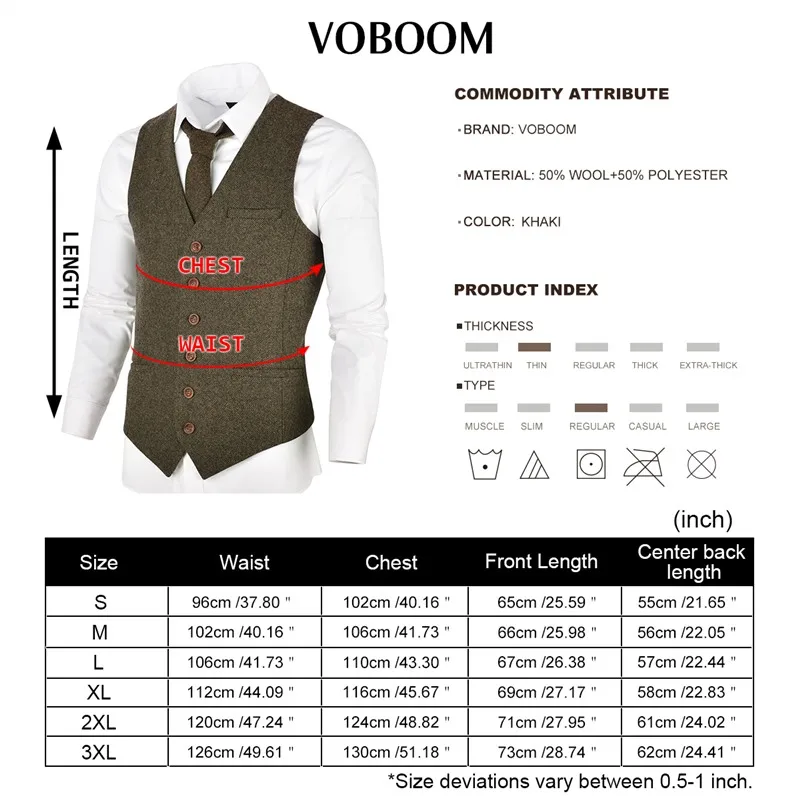 VOBOOM Khaki Tweed Men's Vest Suit Slim Fit Wool Blend Single Breasted Herringbone Waistcoat Men Waist Coat For Man 007 image 4