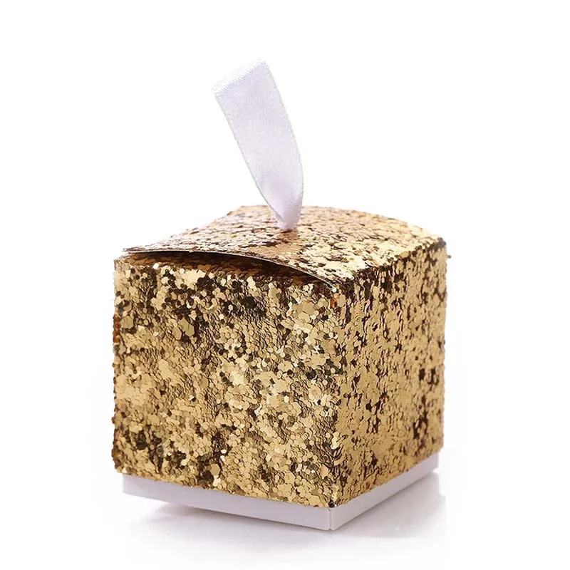 Свадебная подарочная коробка, Золотая квадратная коробка для упаковки сахара, Блестящая Серебристая фиолетовая Свадебная коробка для конфет, 50 шт., вечерние коробки для конфет и подарочные сумки - Цвет: Золотой