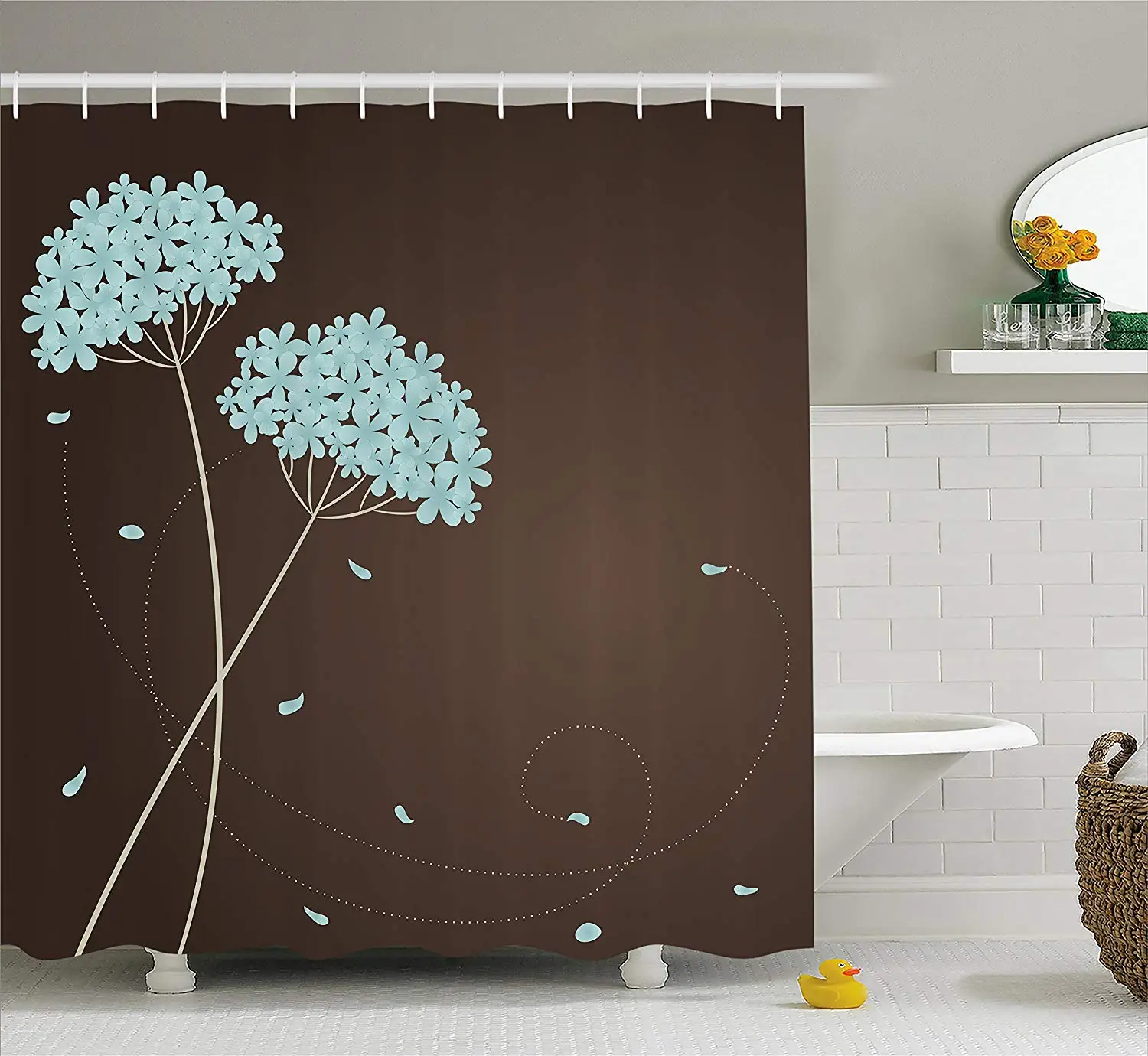 Brown and Blue Shower Curtain Floral Design with Swirl Lines Falling
