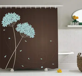 

Brown and Blue Shower Curtain Floral Design with Swirl Lines Falling Leaves Autumn Inspired Fabric Bathroom Decor