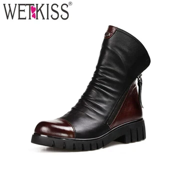 

WETKISS Genuine Leather Woman Ankle Boots Zipper Short Plush Boots Footwear Winter Fashion Wool Liner Thick Heels Ladies Shoes