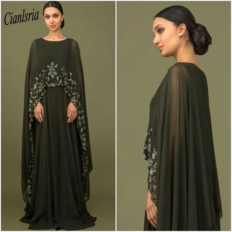 Elegante Zwarte Moslim Moeder van de Bruid Jurken Met Cape Lange Applicaties Kralen Chiffon Bruiloft Gast Formele Party Gown Elegante Zwarte Moslim Moeder van de Bruid Jurken Met Cape Lange Applicaties Kralen Chiffon Bruiloft Gast Formele Party Gown