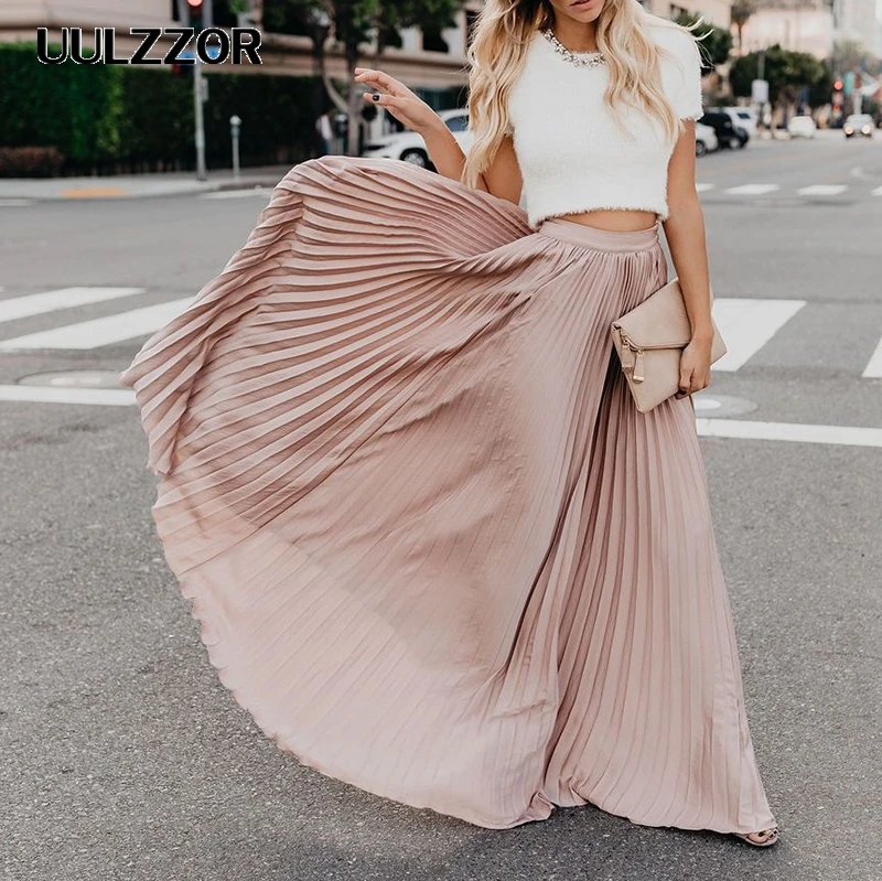 

UULZZOR 2019 Women pleated skirts Boho solid Long Maxi Skirt Lady Beach High Wait Skirt Pleated Causal high waist long skirts