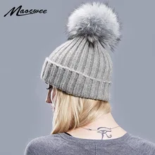 Вязаные шерстяные шапки с кристаллами, женские цветные шапки с большим натуральным мехом енота, зимние теплые модные шапки с помпонами для женщин
