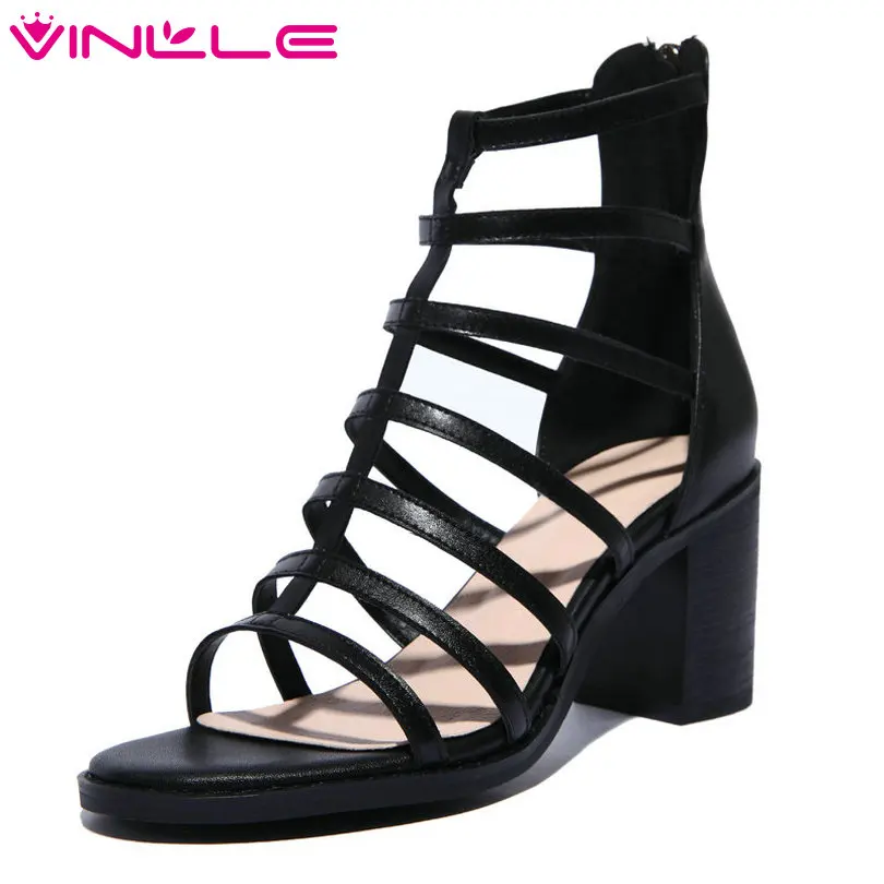 

VINLLE 2018 Women Sandals Shoes Woman Pointed Toe Genuine Leather Square High Heel Zipper Ladies Wedding Shoes Size 34-39