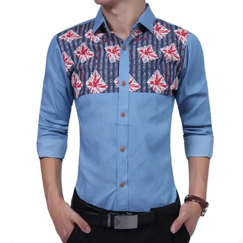 

Brand 2018 Fashion Male Shirt Long-Sleeves High Quality British Print Cowboy Mens Dress Shirts Slim Men Shirt XXL
