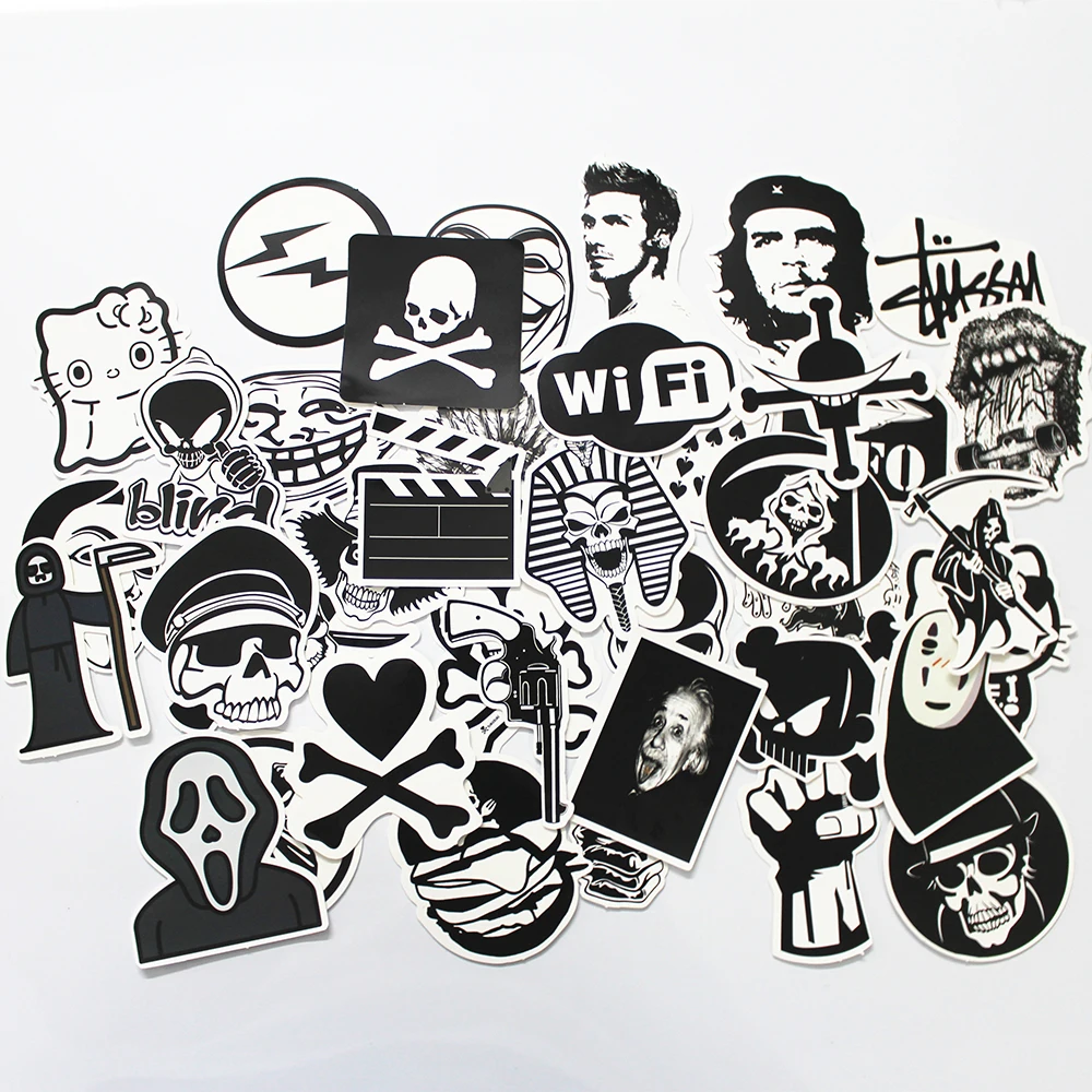 50 PCS Black and White Cool DIY Stickers For Skateboard Laptop Luggage Snowboard Fridge Phone font