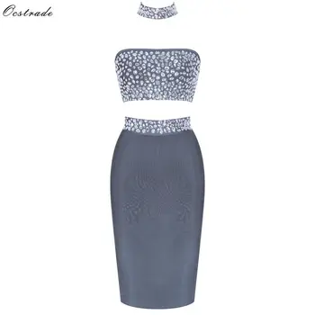 

Ocstrade Bandage Clothes Sexy Dress New Year 2019 Embellished Two Piece Bandage Set Gray Halter Neck Women 2 Piece Bandage Dress