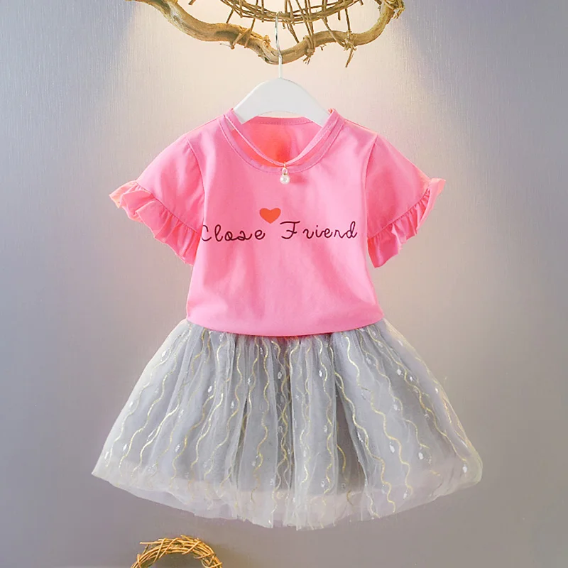 

2019 New Summer Fashion Kids Girl Clothes Sets 2pcs Cotton Printed T shirt+Veil Skirts Gold Striped Children Clothing Suits Z548