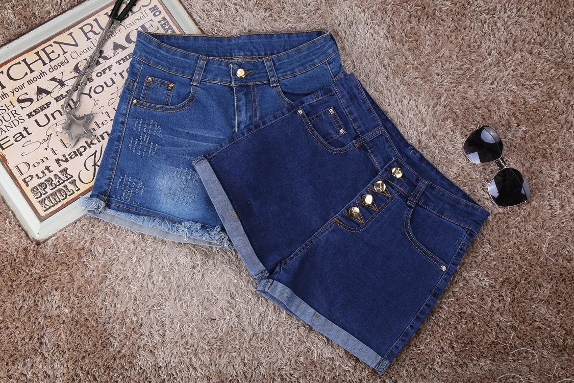 Модные Ретро эластичные шорты с 4 пуговицами и высокой талией женские джинсовые шорты свободного размера плюс синие джинсовые шорты