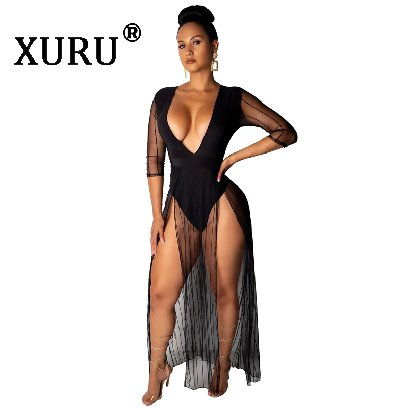 XURU Hot Fashion New Women's Dress Sexy Deep V-neck Mesh Dress Half-sleeve Open Leg Dress XURU Hot Fashion New Women's Dress Sexy Deep V-neck Mesh Dress Half-sleeve Open Leg Dress