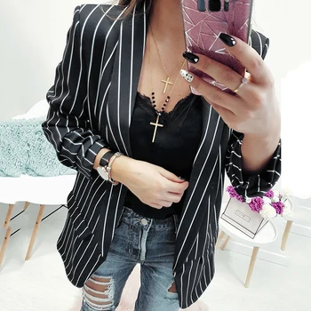 

2018 Women's New Casual Black and White Striped Coats Top Lapel Cardigan Long Sleeve Loose Jackets Office Striped Blazer New