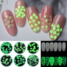 Коробка люминесцентные светящиеся Блестки для ногтей Сердце Звезда Круглый 1,5 мм 3 мм ультра-тонкий блеск для ногтей хлопья порошок светящийся в темноте