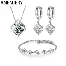 Earrings Bracelet Jewelry-Sets Necklace Cube Zircon Gift ANENJERY 925-Sterling-Silver