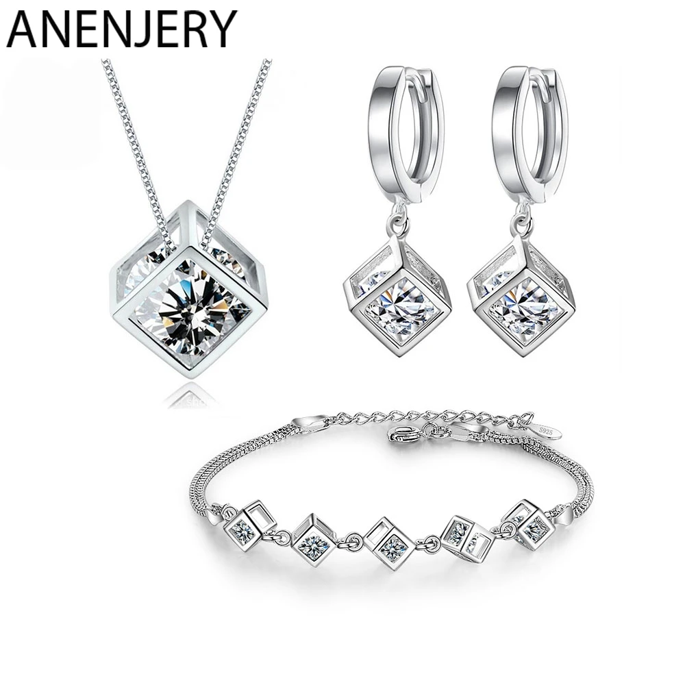 NENJERY 5 Style S925 Stamp Silver Color Jewelry Sets Zircon Square Cube Necklace+Earrings+Bracelet For Women