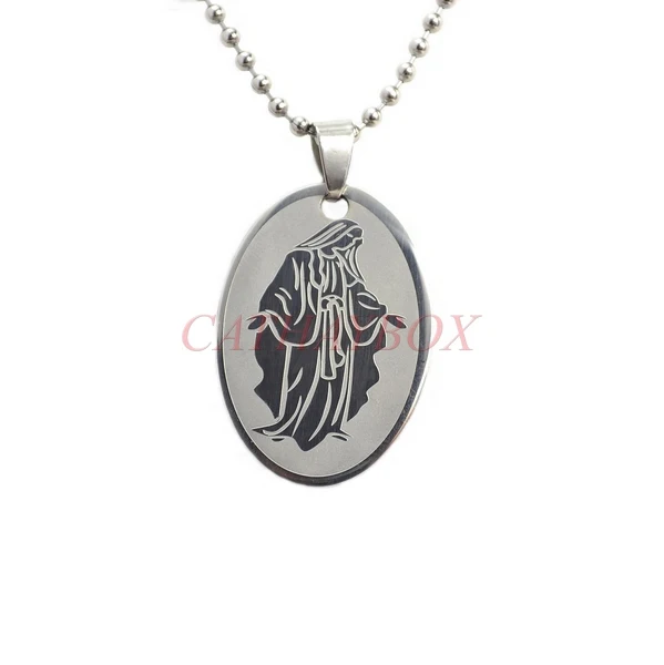 

Silver Tone Stainless Steel Blessed Virgin Our Lady of Grace Mary Oval Charm Pendant Necklace