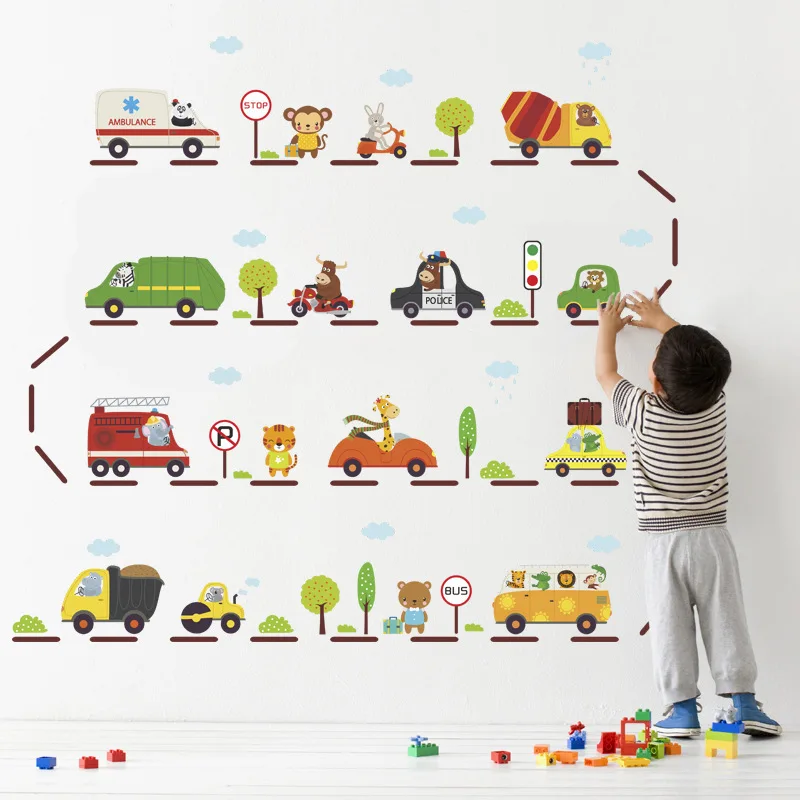 

Cartoon Car highway wall stickers for kids rooms children nursery room decoration on the wall car decals boy's gift 125.126.