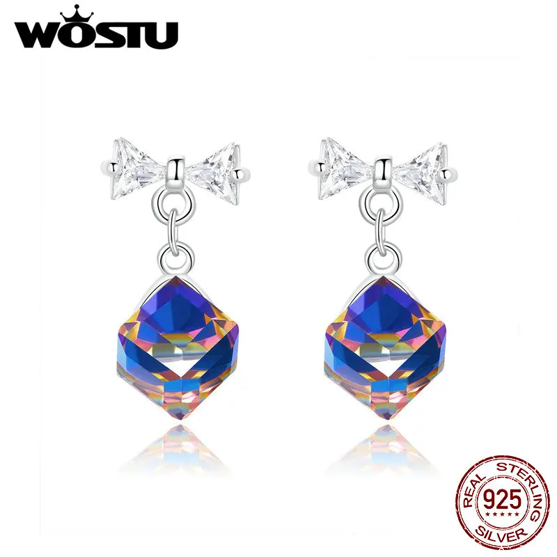 

WOSTU 100% 925 Sterling Silver Maltese Aurora Gems Drop Earrings Crystal Fashion Earriing For Women Jewelry Unique Design CTE213