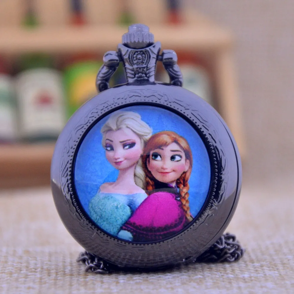 

New Fashion The Snow Queen Lovely Sisters Black/Bronze/Silver Glass Dome Design Quartz Pocket Watch Necklace Men Women Kids Gift