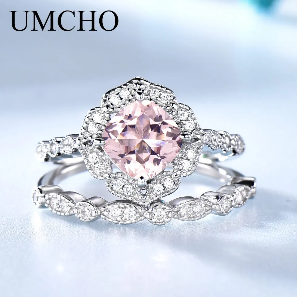 

UMCHO Created Nano Morganite 925 Sterling Silver Rings Charm Flower Silver Ring Set For Women Anniversary Gift Fine Jewelry