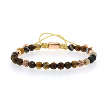 

Faceted Brown Grey Lace Onyx Stone Bead Rose Gold Color CZ Ball Copper Charm Knot Adjustable Braiding Macrame Bracelet For Man