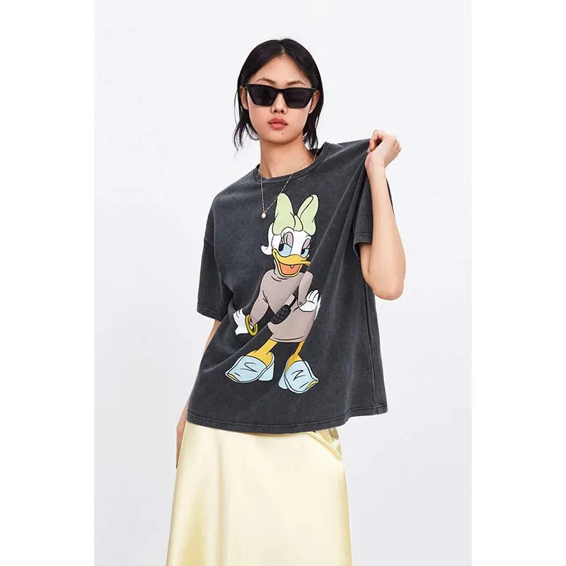 JXYSY 2019 t-shirt women england style vintage letter cartoon Daisy Duck printing o-neck cotton t shirt women tops JXYSY 2019 t-shirt women england style vintage letter cartoon Daisy Duck printing o-neck cotton t shirt women tops