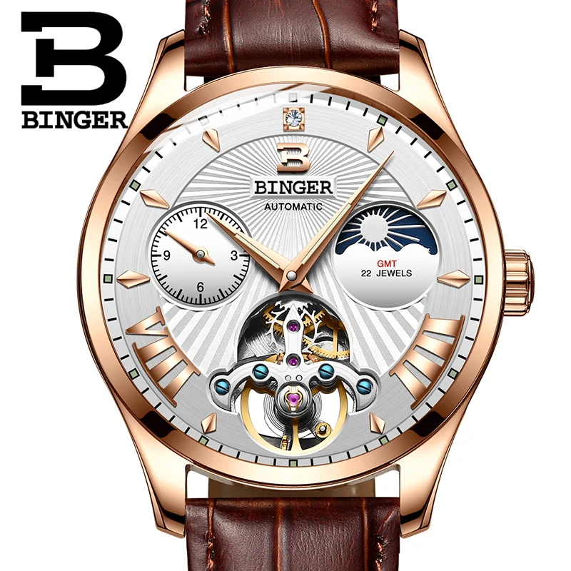 Часы Montre homme Switzerland BINGER Роскошные мужские часы с автоматическим турбийоном