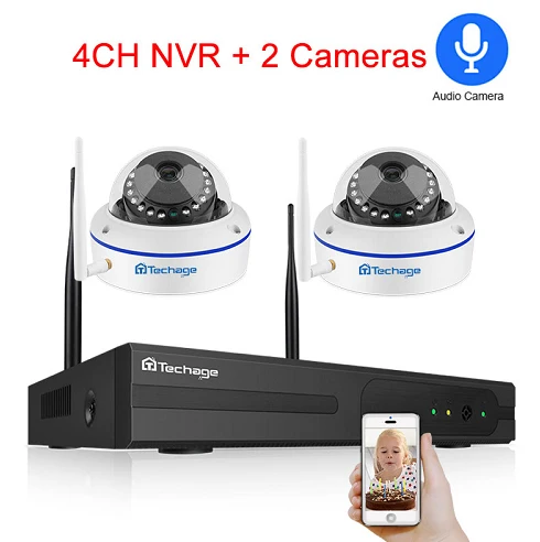 4CH NVR and 2 Camera Techage 4CH Беспроводная система видеонаблюдения 1080P HD NVR 2 шт Купол 2.0MP ИК Открытый Водонепроницаемый Wifi комплект видеонаблюдения камера система - Цвет: 4CH NVR and 2 Camera