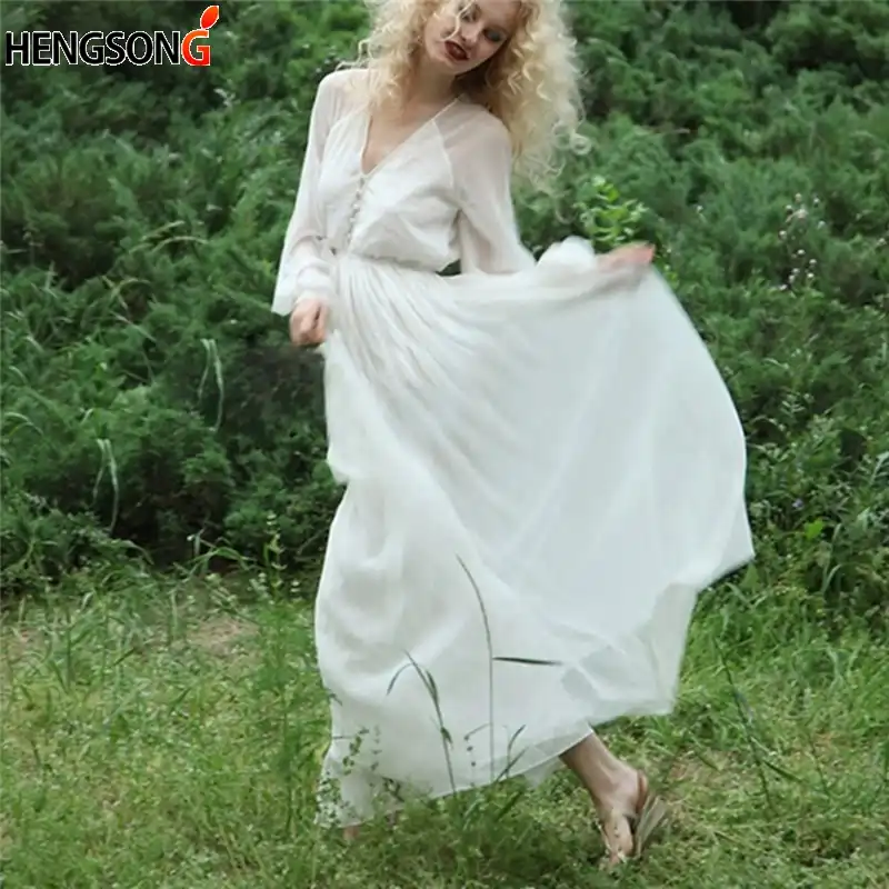 white long sleeve chiffon dress