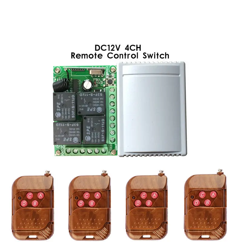 

433 Mhz Wireless Remote Control Switch DC 12V 4CH relay 1527 Learning code Receiver Module and 4pcs 433Mhz RF Remote Transmitter